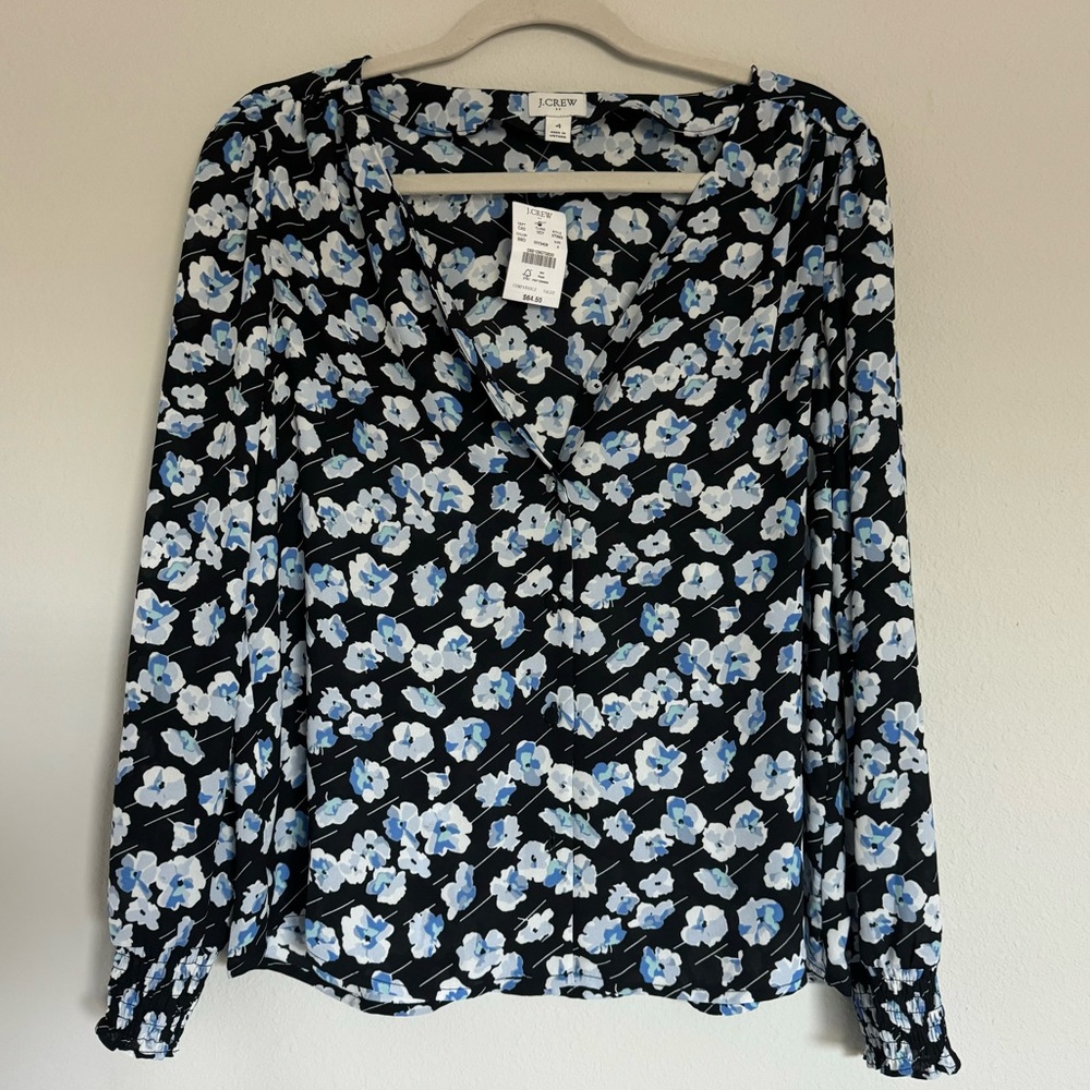 NWT J Crew Black and Blue Floral Long Sleeve Blouse Women’s Size 4